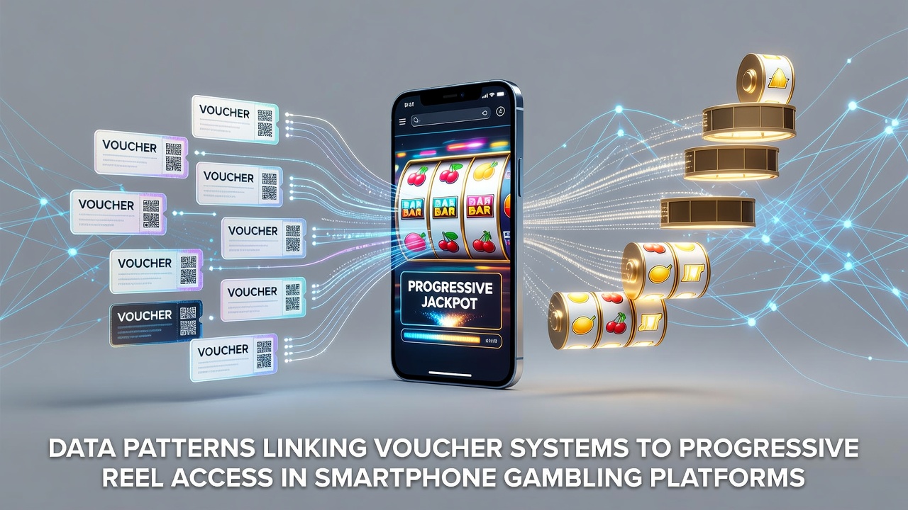 Smartphone screen displaying voucher redemption interface connected to progressive slot reels in a gambling app